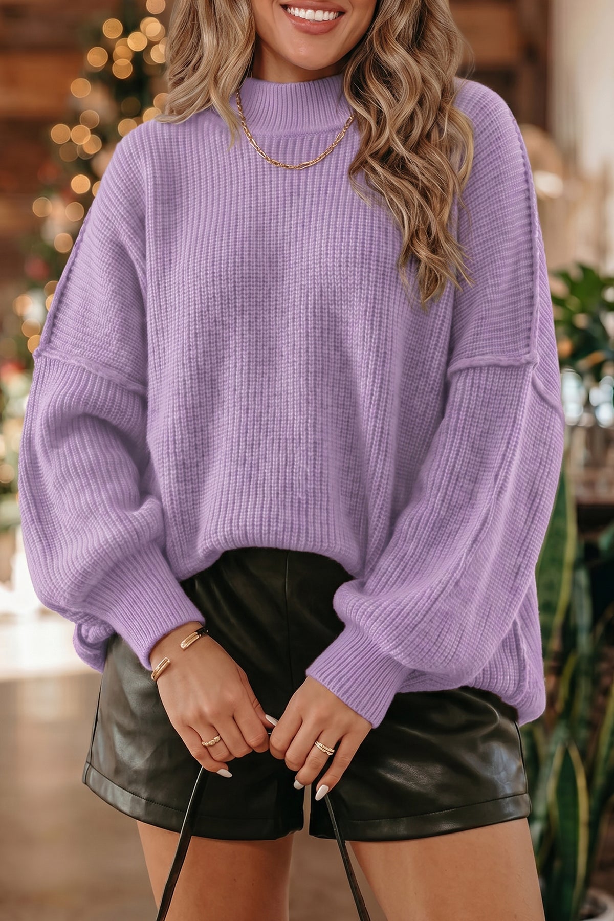 Chestnut Long Sleeve Ribbed Knit Mock Neck Regular Fit Sweater