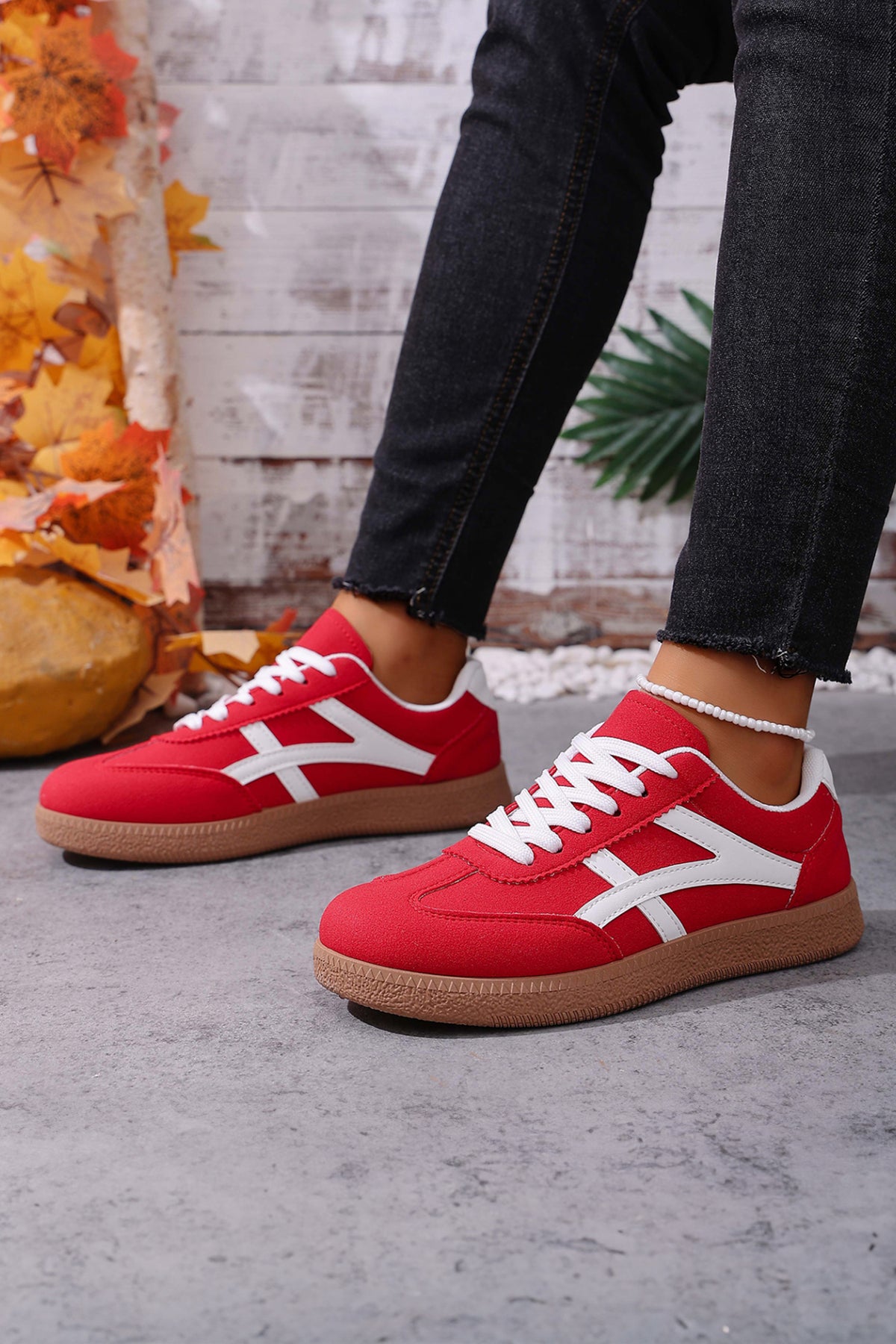 Racing Red Faux Suede Contrast Patchwork Detail Lace Up Flat Sneakers