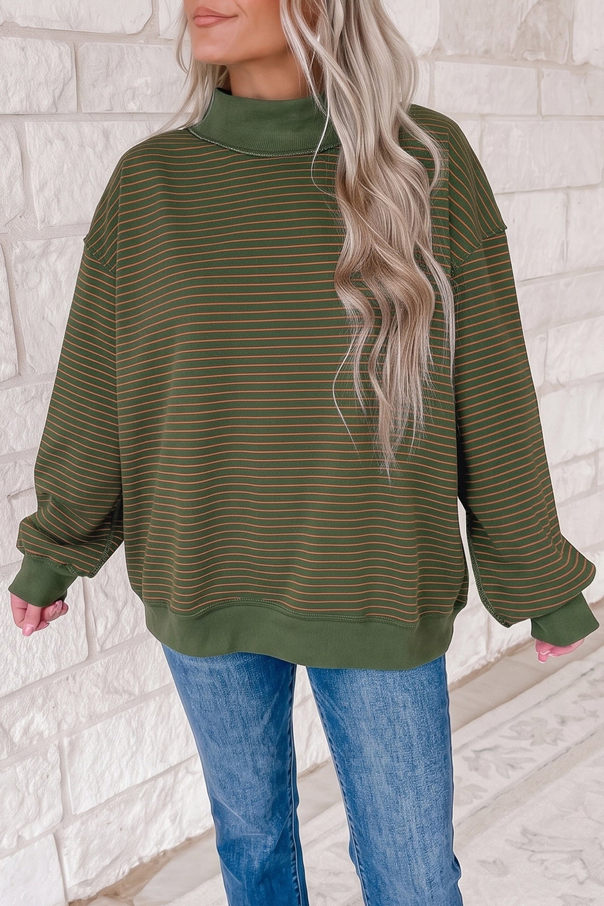 Blue Stripe Ribbed Color Block Mock Neck Oversized Sweatshirt