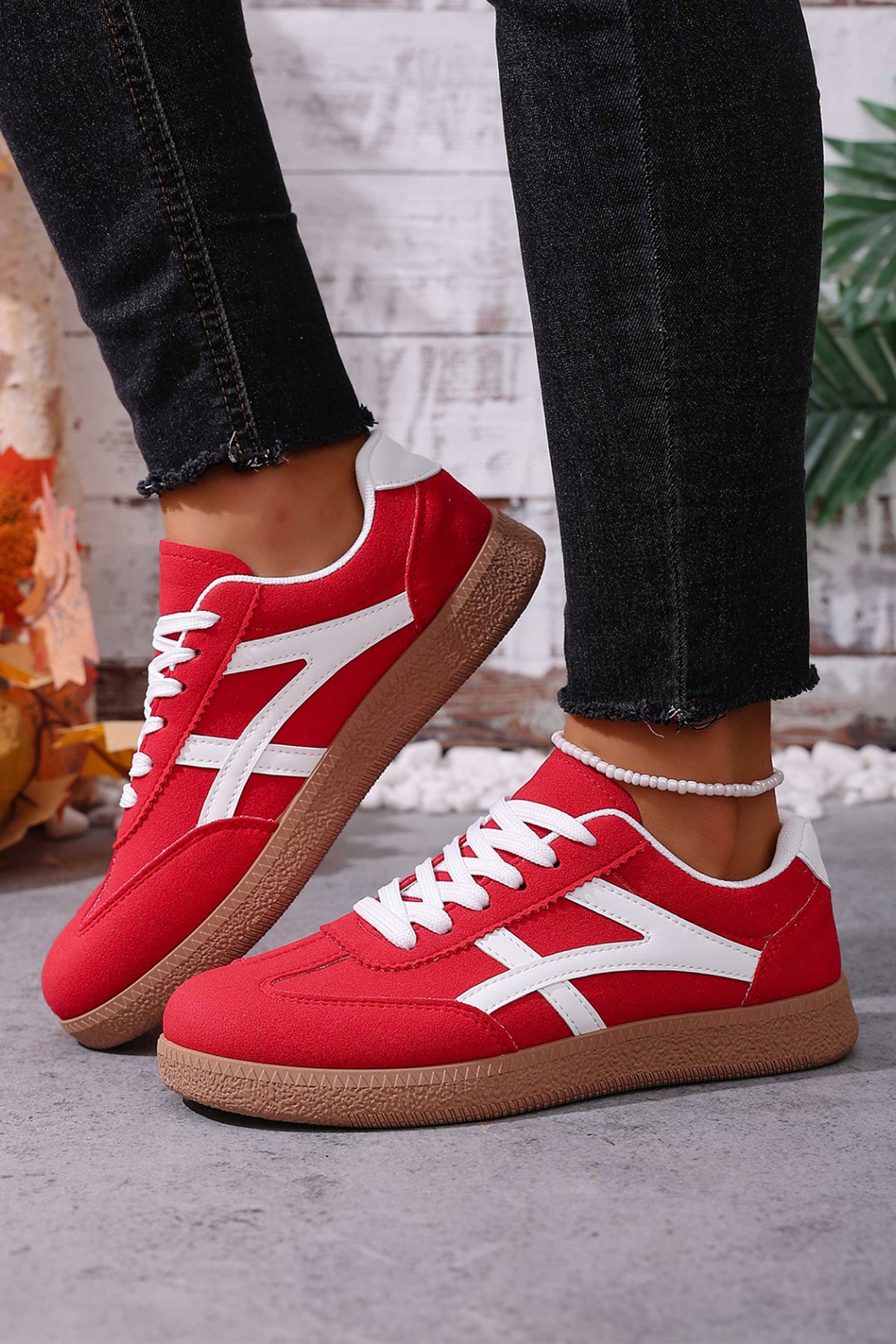 Racing Red Faux Suede Contrast Patchwork Detail Lace Up Flat Sneakers