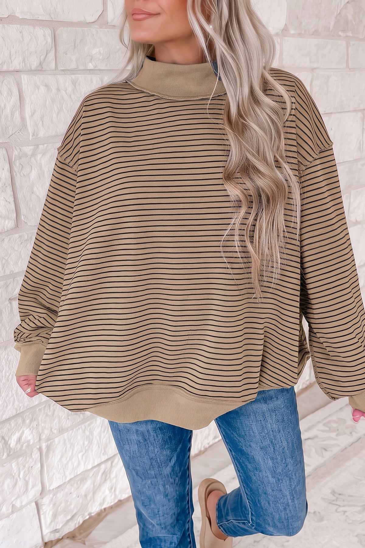 Blue Stripe Ribbed Color Block Mock Neck Oversized Sweatshirt