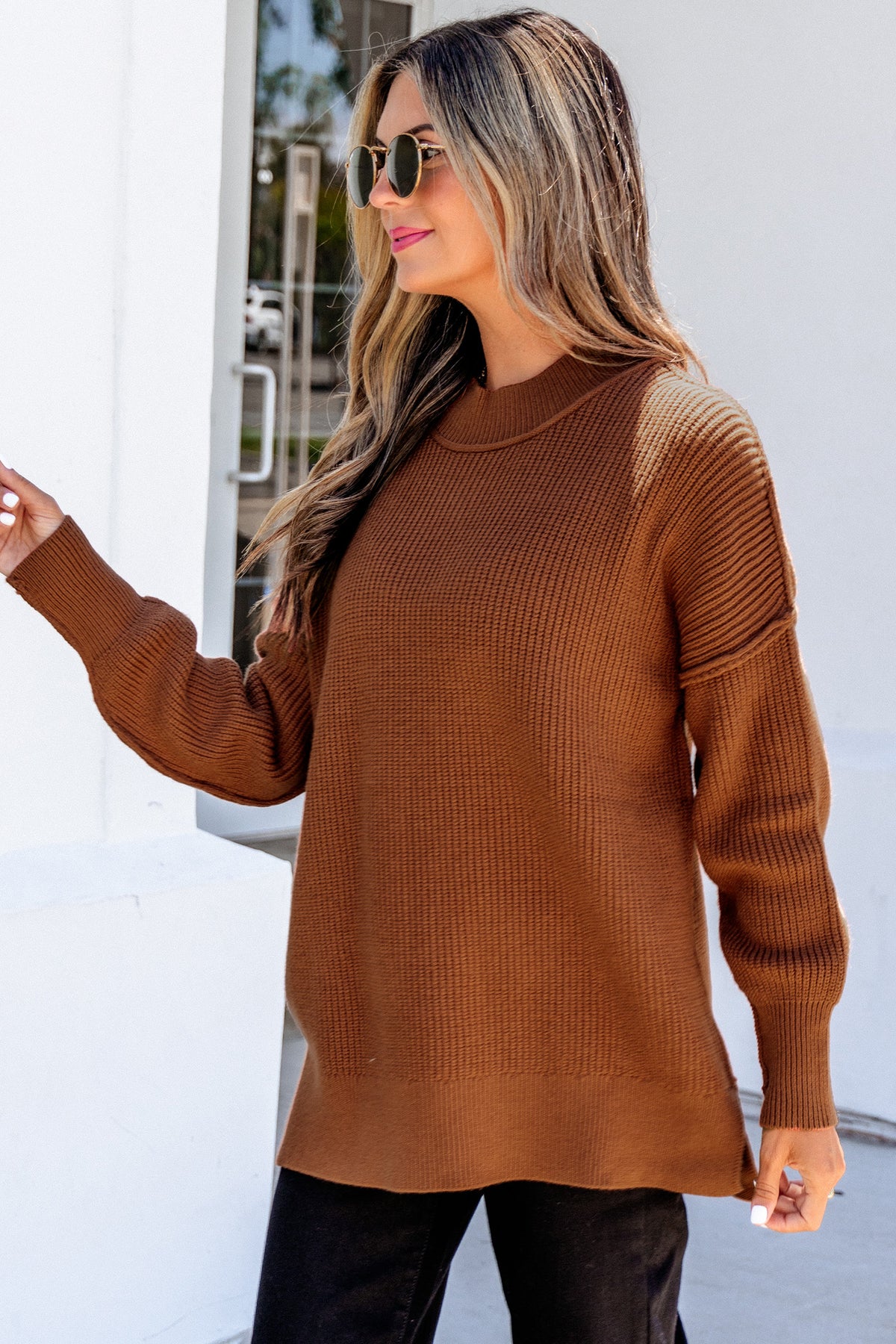 Chestnut Long Sleeve Ribbed Knit Mock Neck Regular Fit Sweater