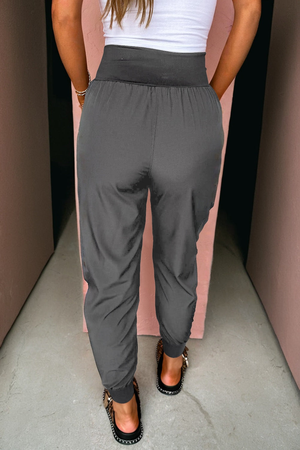 Medium Grey Elastic High Waist Pocketed Cargo Jogger Pants