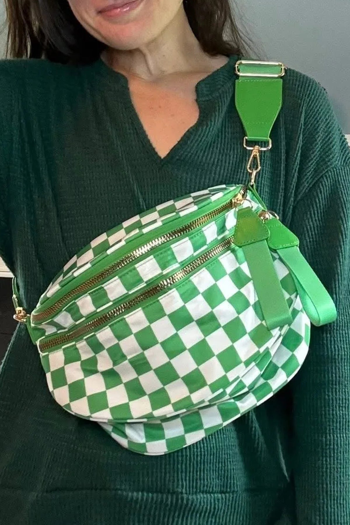 Blackish Green Checkered Print Wide Strap Large Crossbody Bag