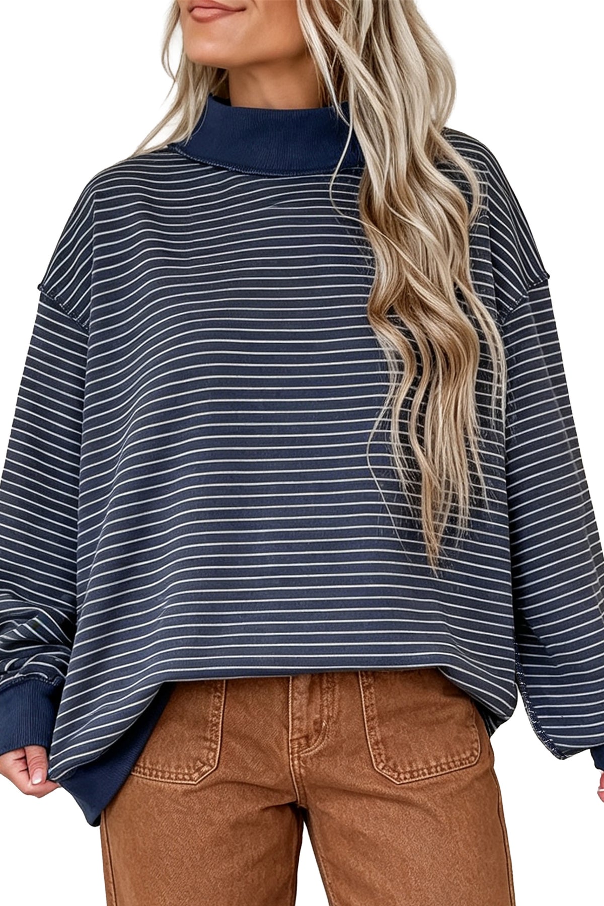Blue Stripe Ribbed Color Block Mock Neck Oversized Sweatshirt