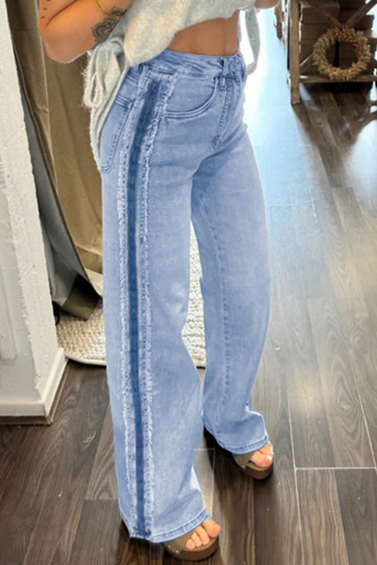 Beau Blue Contrast Stripe Frayed Side Panel Patchwork Shift Jeans