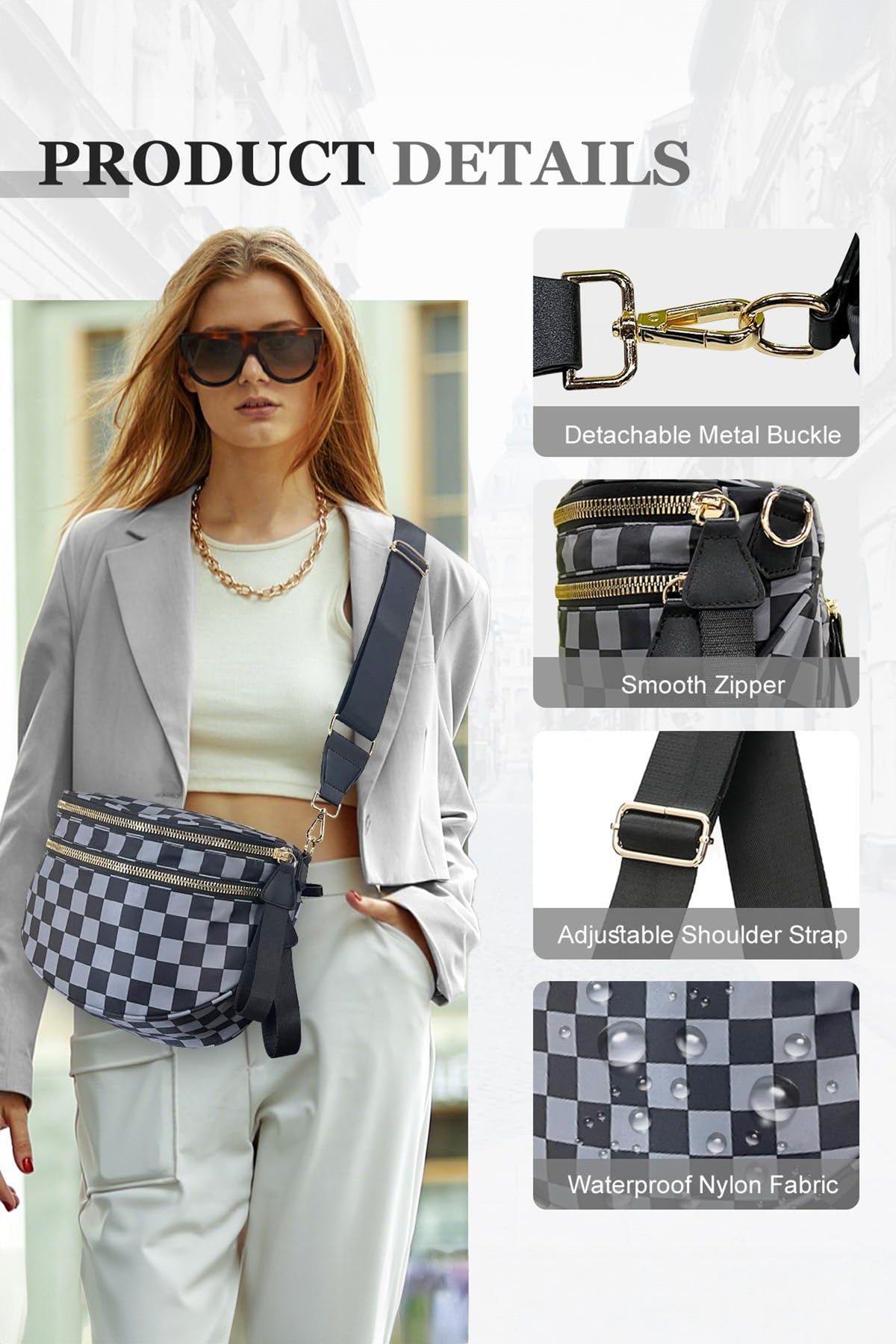 Blackish Green Checkered Print Wide Strap Large Crossbody Bag
