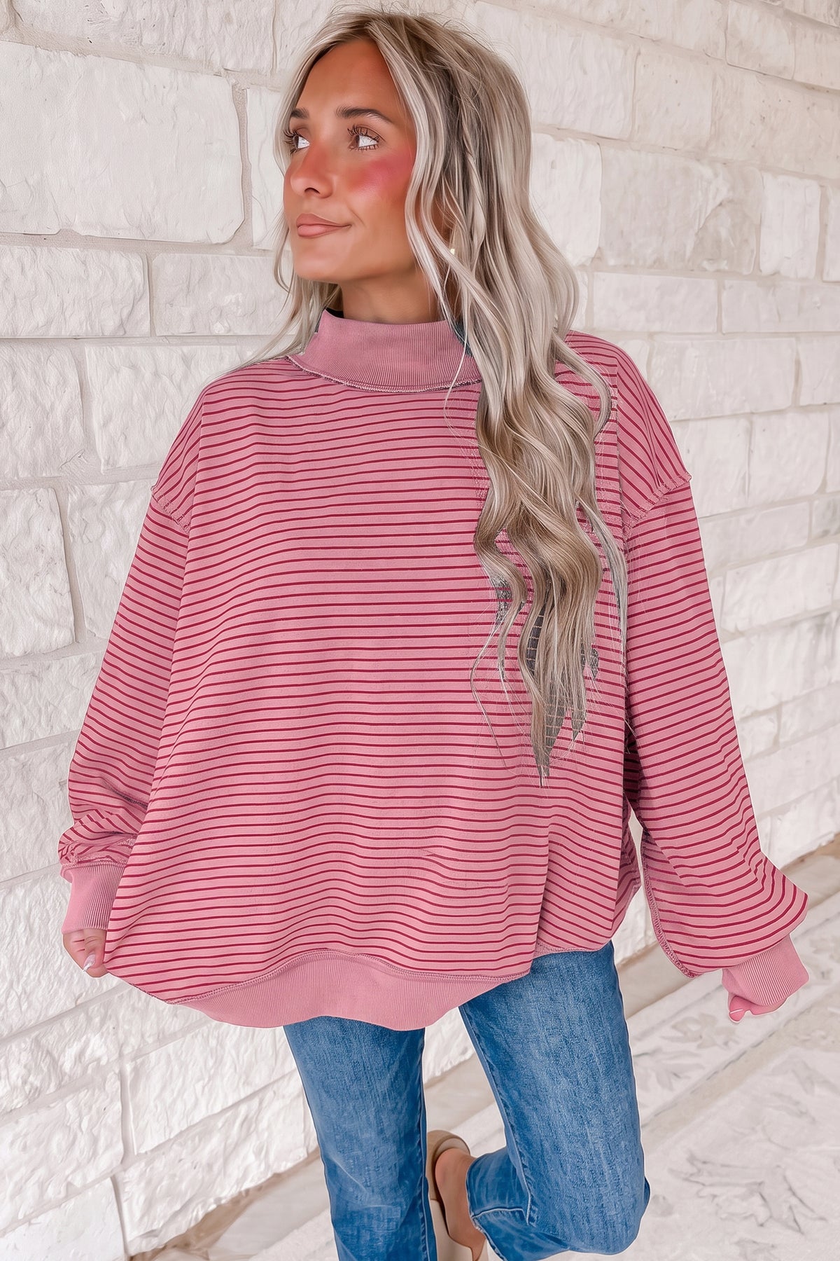 Blue Stripe Ribbed Color Block Mock Neck Oversized Sweatshirt