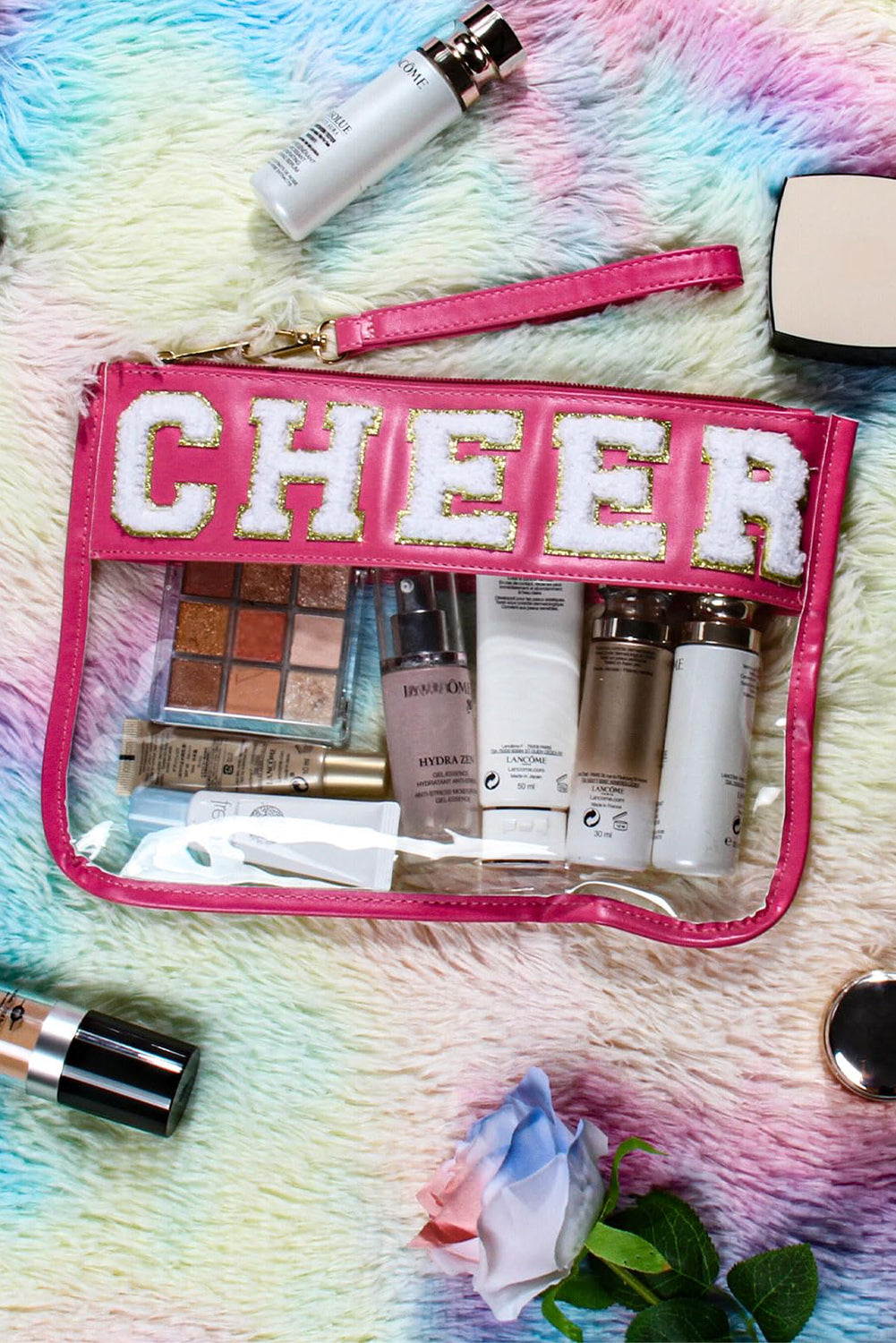 Bright Pink CHEER Chenille Letter PU Leather Patchwork Clear Makeup Bag