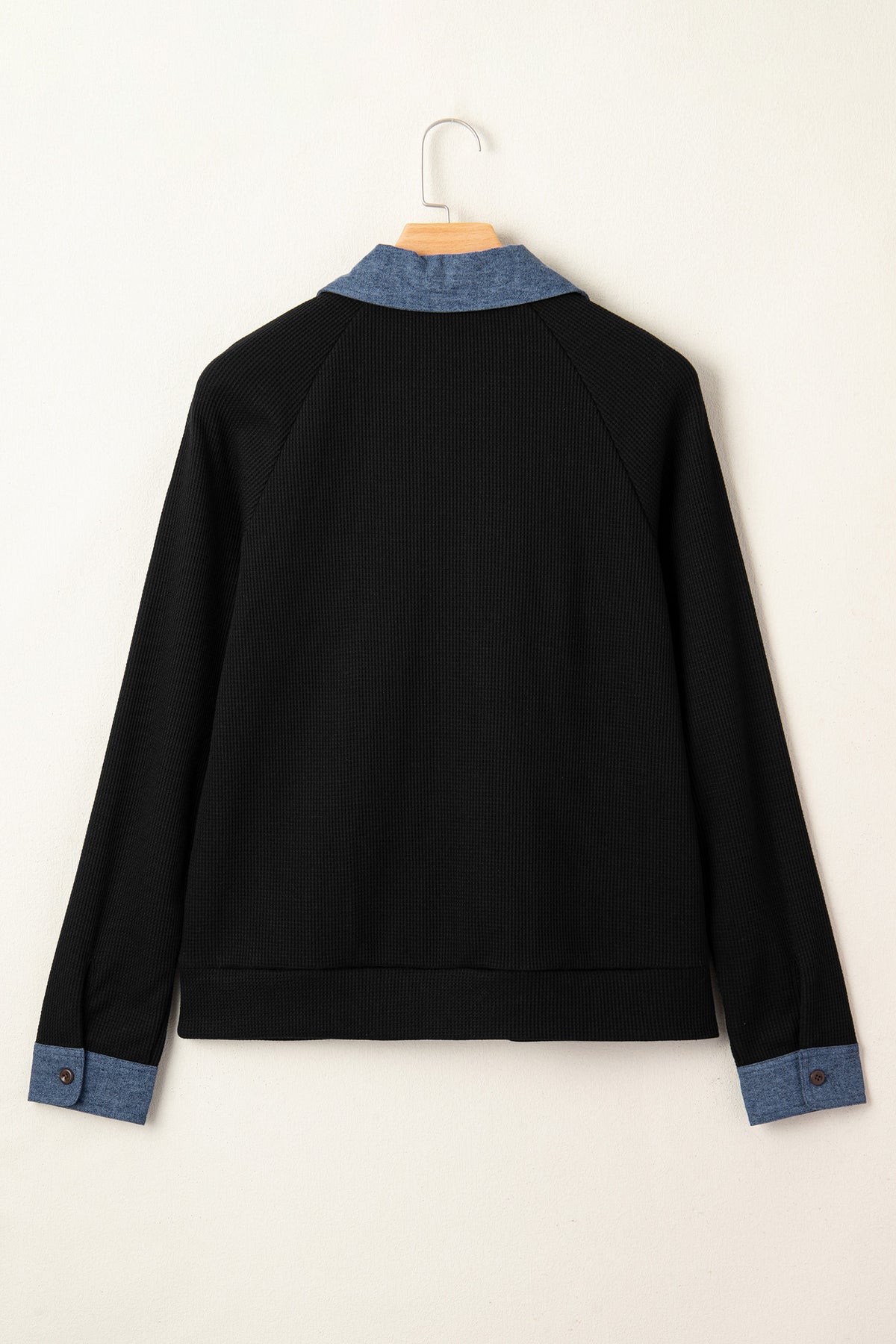 Black Textured Knit Denim Patchwork Button Polo Collar Long Sleeve Top