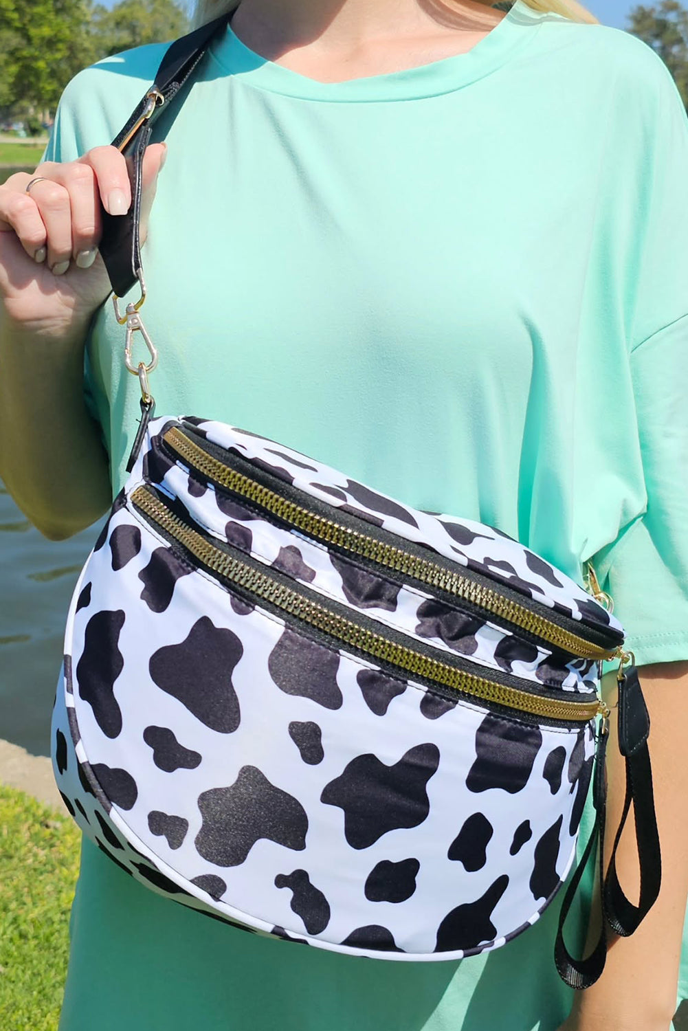 Blackish Green Checkered Print Wide Strap Large Crossbody Bag