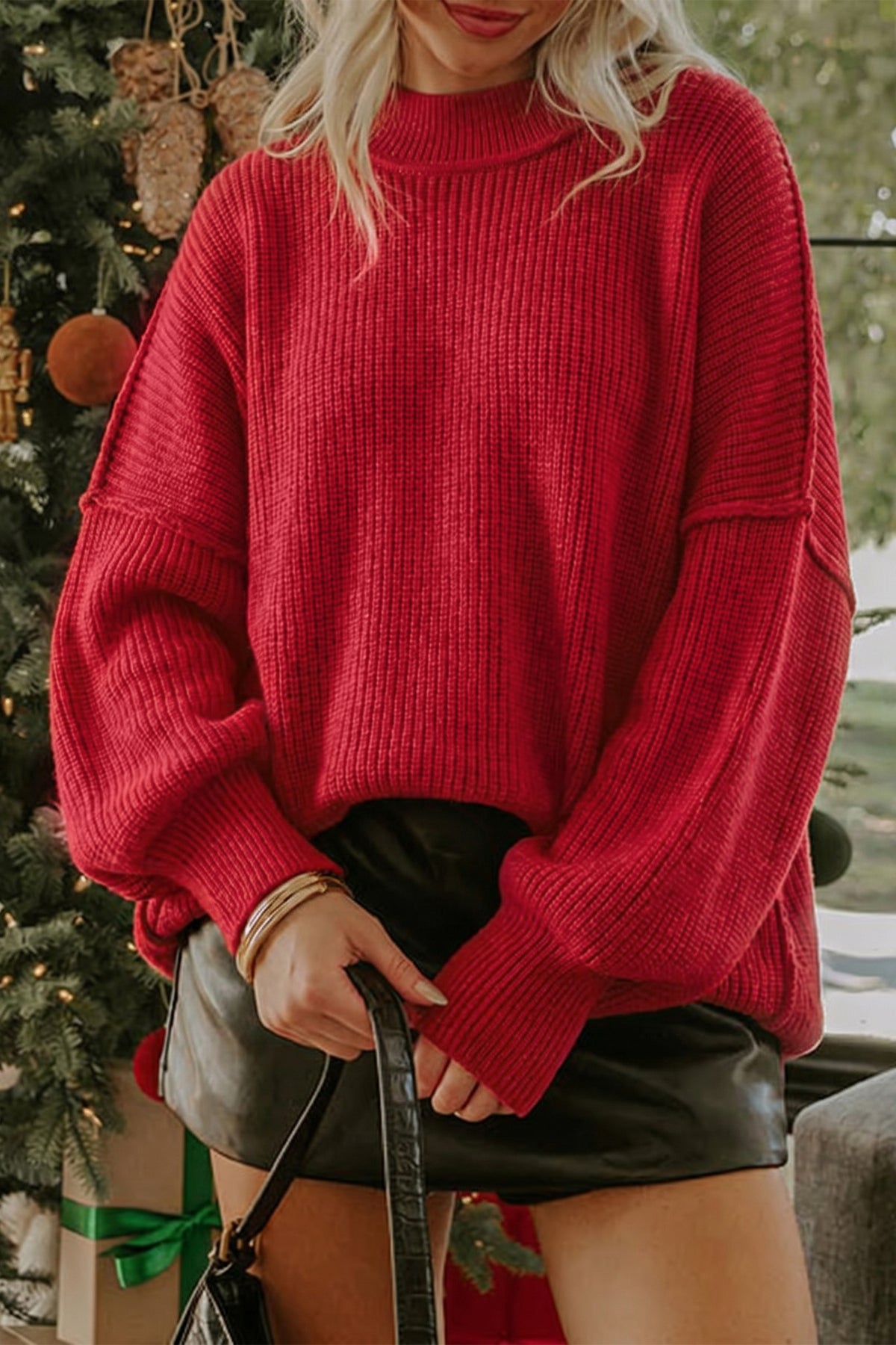 Chestnut Long Sleeve Ribbed Knit Mock Neck Regular Fit Sweater