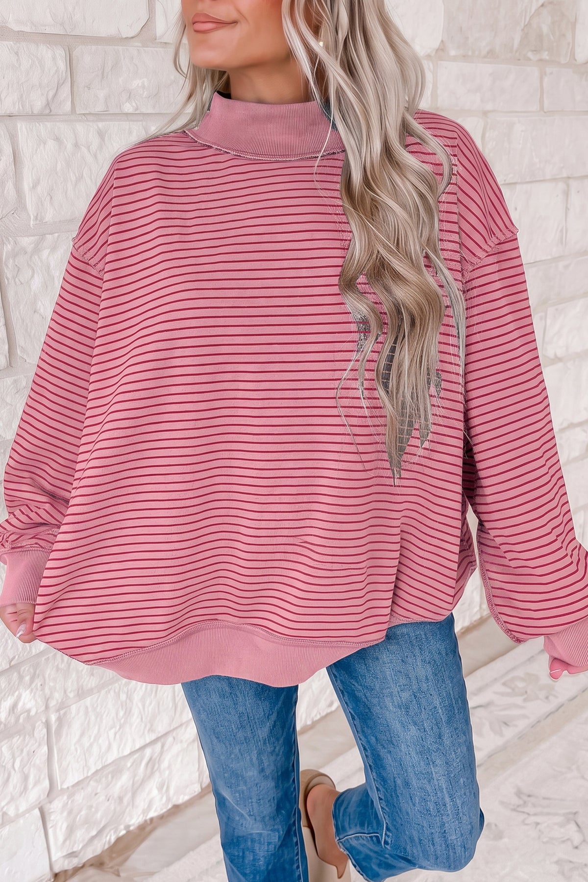 Blue Stripe Ribbed Color Block Mock Neck Oversized Sweatshirt