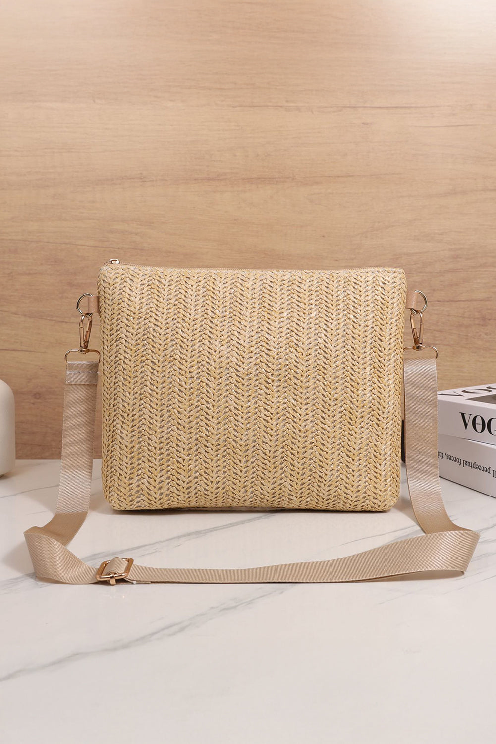 Thai Curry Leather Pocket Patchwork Straw Woven Shoulder Bag