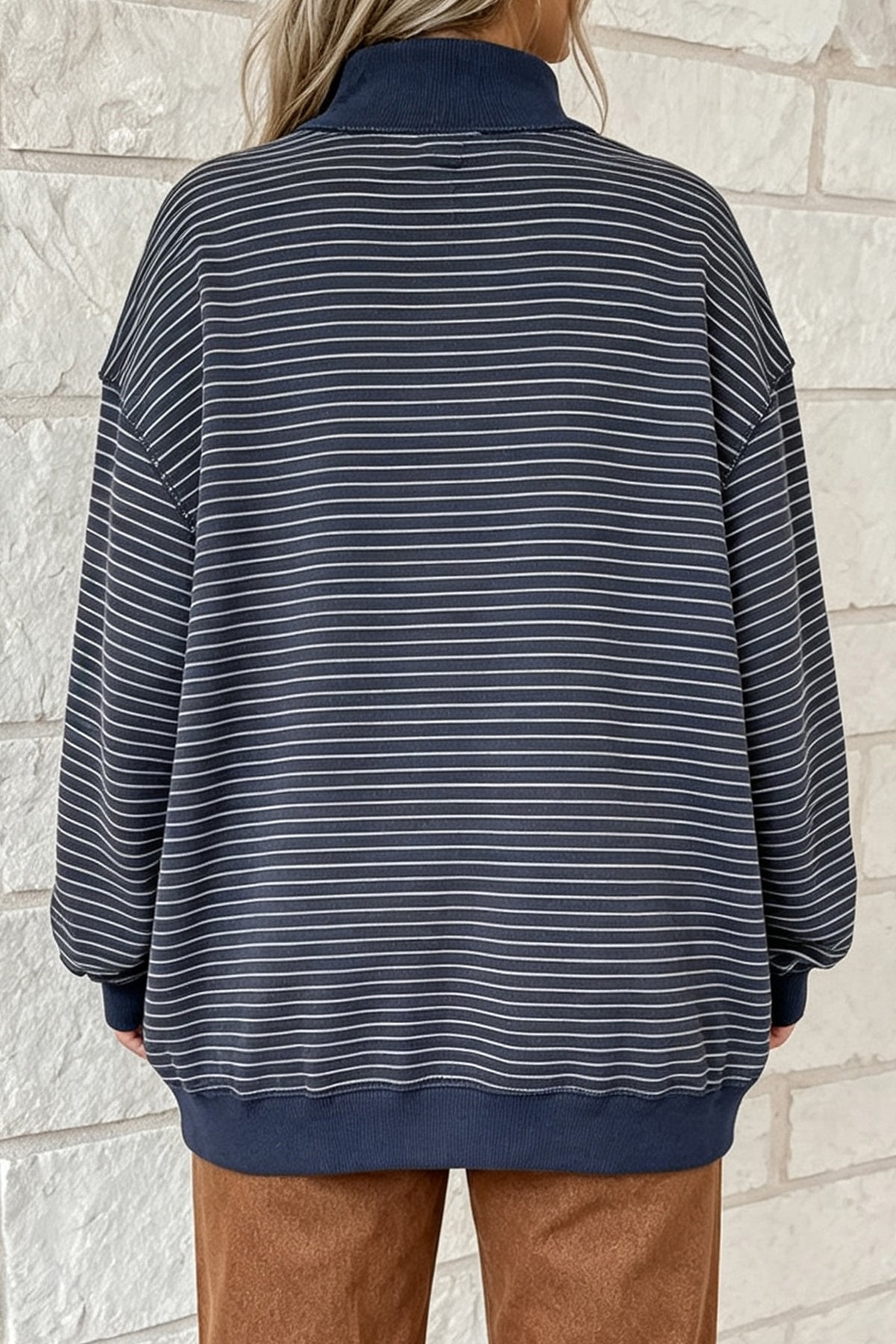 Blue Stripe Ribbed Color Block Mock Neck Oversized Sweatshirt