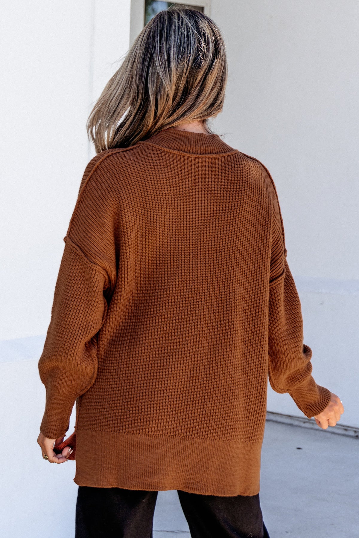 Chestnut Long Sleeve Ribbed Knit Mock Neck Regular Fit Sweater