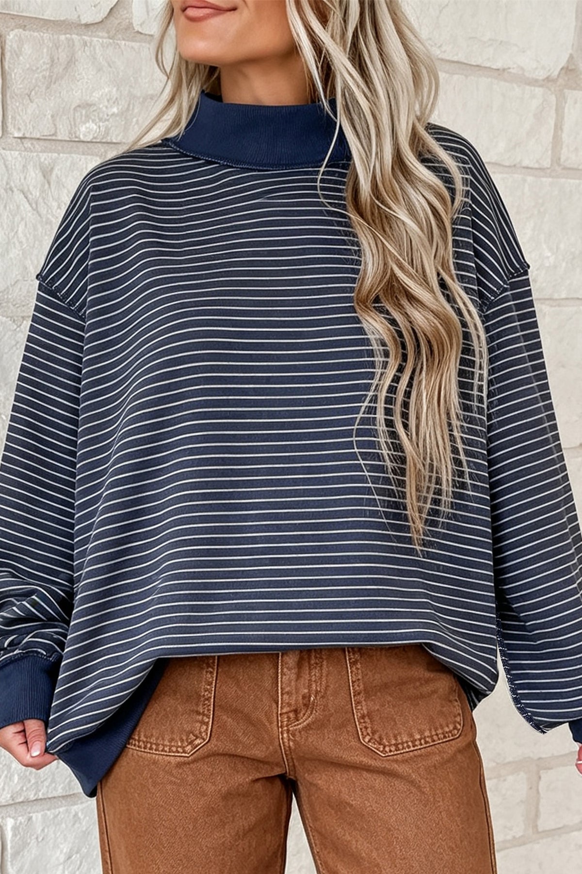 Blue Stripe Ribbed Color Block Mock Neck Oversized Sweatshirt