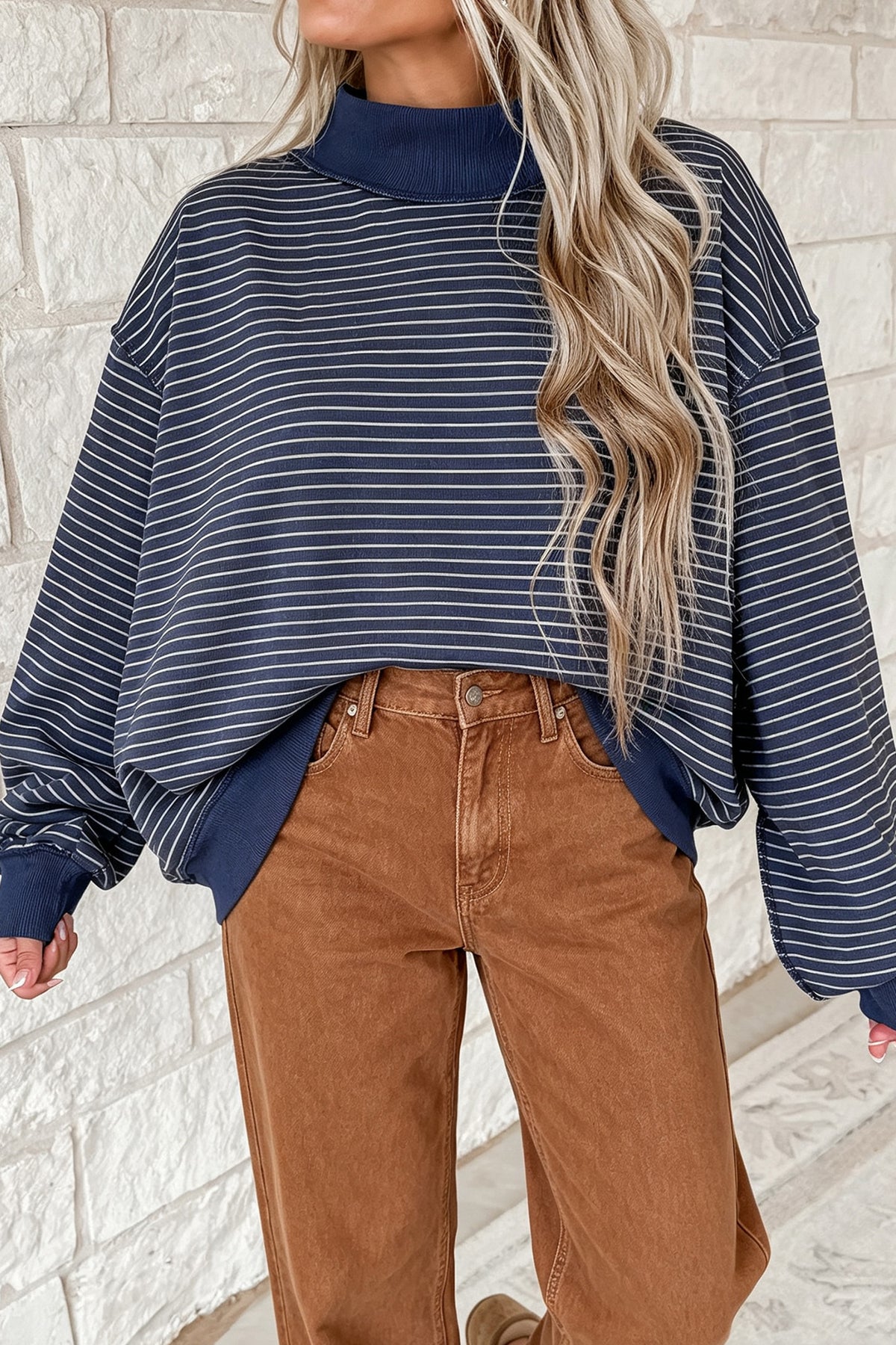 Blue Stripe Ribbed Color Block Mock Neck Oversized Sweatshirt